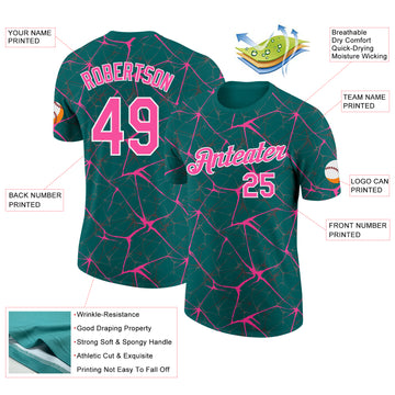 Custom Teal Pink Gray-White Abstract Network Crackle Performance T-Shirt