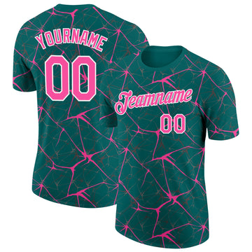 Custom Teal Pink Gray-White Abstract Network Crackle Performance T-Shirt