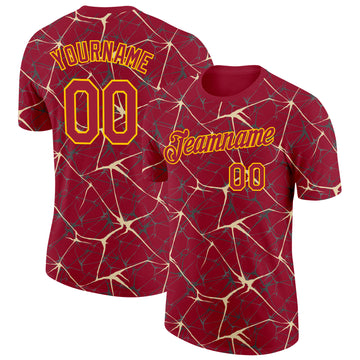Custom Crimson Cream Gray-Yellow Abstract Network Crackle Performance T-Shirt