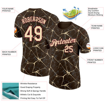 Custom Brown Cream Gray-Crimson Abstract Network Crackle Performance T-Shirt