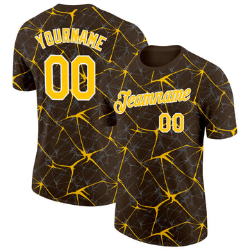 Custom Brown Yellow Gray-White Abstract Network Crackle Performance T-Shirt