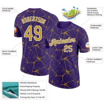 Custom Purple Old Gold Gray-White Abstract Network Crackle Performance T-Shirt