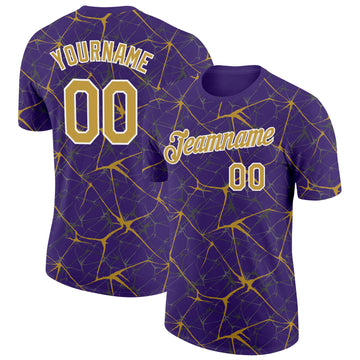 Custom Purple Old Gold Gray-White Abstract Network Crackle Performance T-Shirt