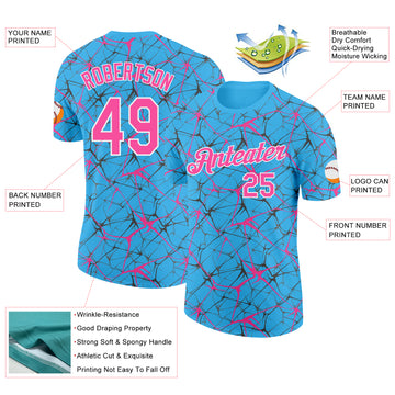 Custom Sky Blue Pink Gray-White Abstract Network Crackle Performance T-Shirt