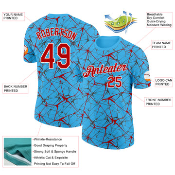 Custom Sky Blue Red Gray-White Abstract Network Crackle Performance T-Shirt