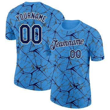 Custom Powder Blue Navy Gray-White Abstract Network Crackle Performance T-Shirt