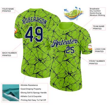 Custom Neon Green Navy Gray-White Abstract Network Crackle Performance T-Shirt