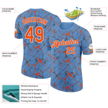Custom Light Blue Orange Gray-White Abstract Network Crackle Performance T-Shirt