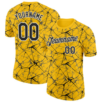 Custom Yellow Black Gray-White Abstract Network Crackle Performance T-Shirt