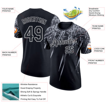 Custom Black Gray-White Distressed Scratch Brush Stroke Performance T-Shirt