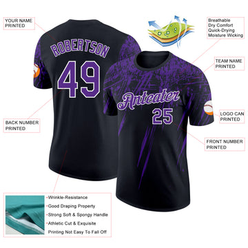 Custom Black Purple-White Distressed Scratch Brush Stroke Performance T-Shirt