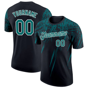 Custom Black Teal-White Distressed Scratch Brush Stroke Performance T-Shirt