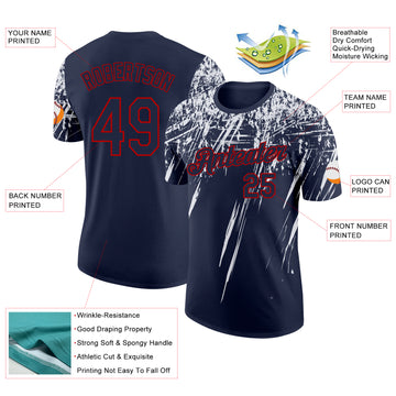 Custom Navy White-Red Distressed Scratch Brush Stroke Performance T-Shirt