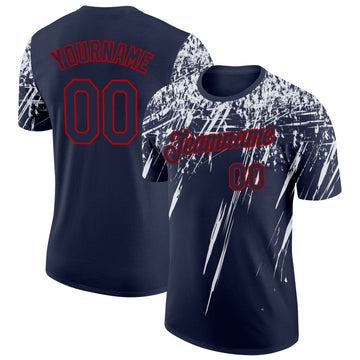Custom Navy White-Red Distressed Scratch Brush Stroke Performance T-Shirt