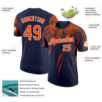 Custom Navy Orange-White Distressed Scratch Brush Stroke Performance T-Shirt