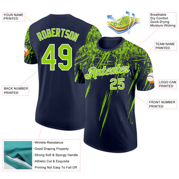 Custom Navy Neon Green-White Distressed Scratch Brush Stroke Performance T-Shirt