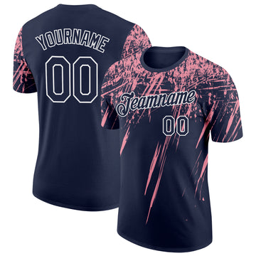 Custom Navy Medium Pink-White Distressed Scratch Brush Stroke Performance T-Shirt