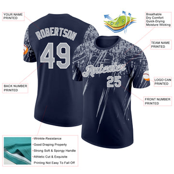 Custom Navy Gray-White Distressed Scratch Brush Stroke Performance T-Shirt