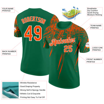 Custom Kelly Green Orange-White Distressed Scratch Brush Stroke Performance T-Shirt