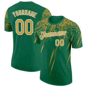 Custom Kelly Green Old Gold-White Distressed Scratch Brush Stroke Performance T-Shirt