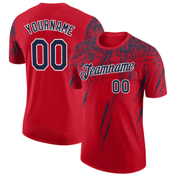 Custom Red Navy-White Distressed Scratch Brush Stroke Performance T-Shirt