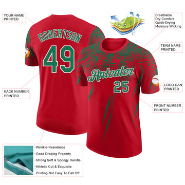 Custom Red Kelly Green-White Distressed Scratch Brush Stroke Performance T-Shirt