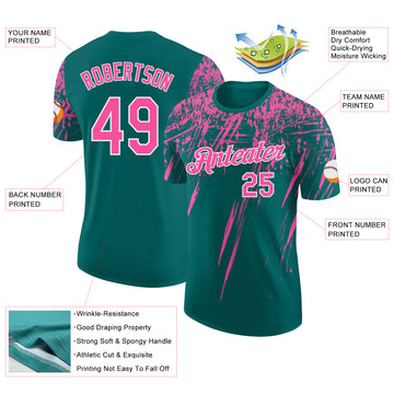 Custom Teal Pink-White Distressed Scratch Brush Stroke Performance T-Shirt