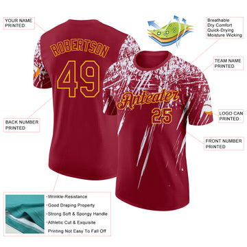 Custom Crimson White-Yellow Distressed Scratch Brush Stroke Performance T-Shirt