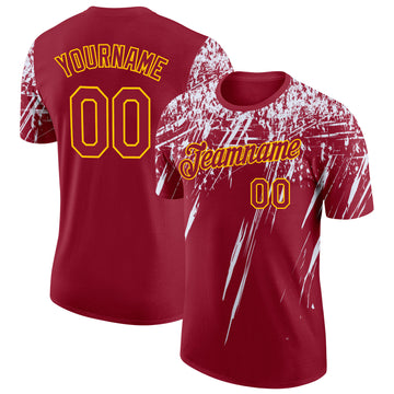 Custom Crimson White-Yellow Distressed Scratch Brush Stroke Performance T-Shirt