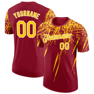 Custom Crimson Yellow-White Distressed Scratch Brush Stroke Performance T-Shirt