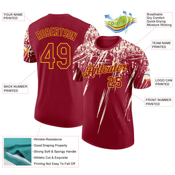 Custom Crimson Cream-Yellow Distressed Scratch Brush Stroke Performance T-Shirt