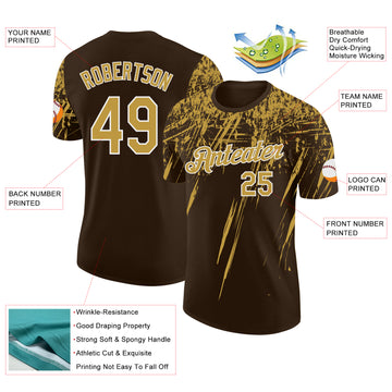 Custom Brown Old Gold-White Distressed Scratch Brush Stroke Performance T-Shirt
