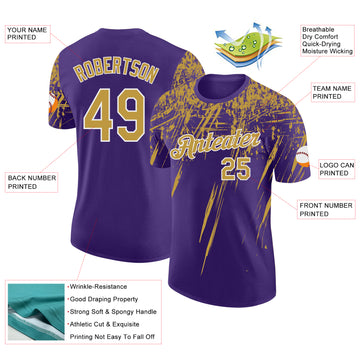 Custom Purple Old Gold-White Distressed Scratch Brush Stroke Performance T-Shirt