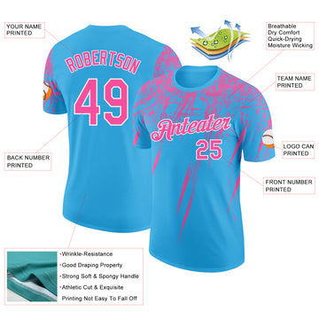 Custom Sky Blue Pink-White Distressed Scratch Brush Stroke Performance T-Shirt