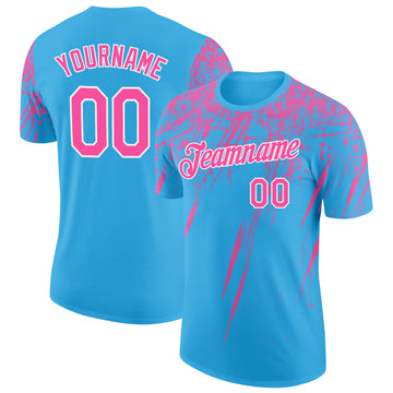 Custom Sky Blue Pink-White Distressed Scratch Brush Stroke Performance T-Shirt