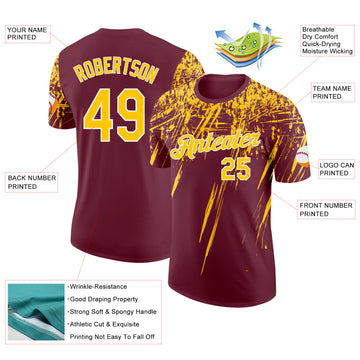 Custom Burgundy Yellow-White Distressed Scratch Brush Stroke Performance T-Shirt