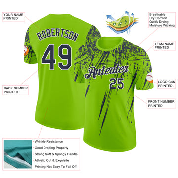Custom Neon Green Navy-White Distressed Scratch Brush Stroke Performance T-Shirt