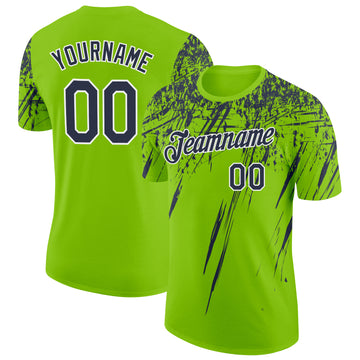 Custom Neon Green Navy-White Distressed Scratch Brush Stroke Performance T-Shirt