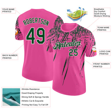 Custom Pink Green-White Distressed Scratch Brush Stroke Performance T-Shirt