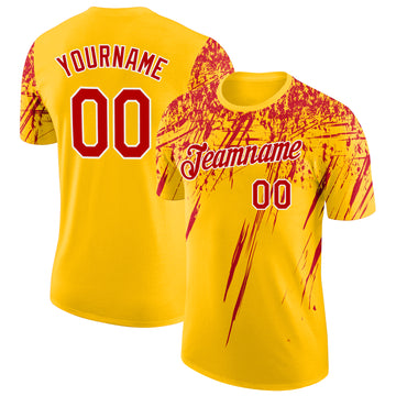 Custom Yellow Red-White Distressed Scratch Brush Stroke Performance T-Shirt
