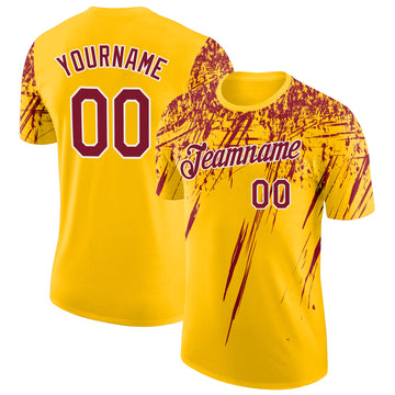 Custom Yellow Crimson-White Distressed Scratch Brush Stroke Performance T-Shirt