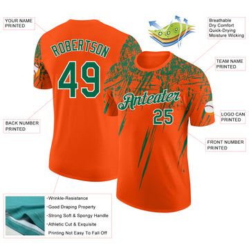 Custom Orange Kelly Green-White Distressed Scratch Brush Stroke Performance T-Shirt