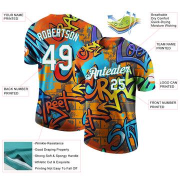 Custom Graffiti Pattern White-Teal Vibrant MulticolorStreet Style Performance T-Shirt