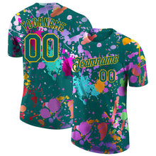 Laden Sie das Bild in den Galerie-Viewer, Custom Graffiti Pattern Teal-Gold Vibrant Multicolor Paint Splatter Performance T-Shirt
