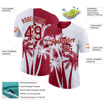 Custom White Crimson-Cream Hawaii Tropical Coastal Palm Trees Performance T-Shirt