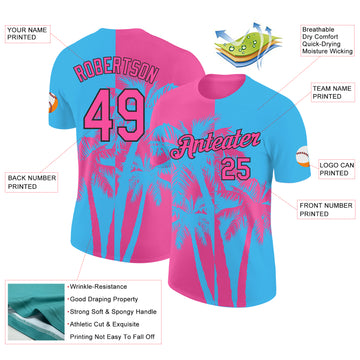 Custom Sky Blue Pink-Black Hawaii Tropical Coastal Palm Trees Performance T-Shirt