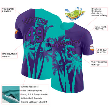 Custom Purple Aqua-Black Hawaii Tropical Coastal Palm Trees Performance T-Shirt