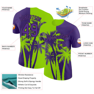 Custom Purple Neon Green-Black Hawaii Tropical Coastal Palm Trees Performance T-Shirt