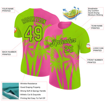 Custom Neon Green Pink-Black Hawaii Tropical Coastal Palm Trees Performance T-Shirt
