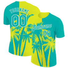 Load image into Gallery viewer, Custom Aqua Neon Yellow-White Hawaii Tropical Coastal Palm Trees Performance T-Shirt
